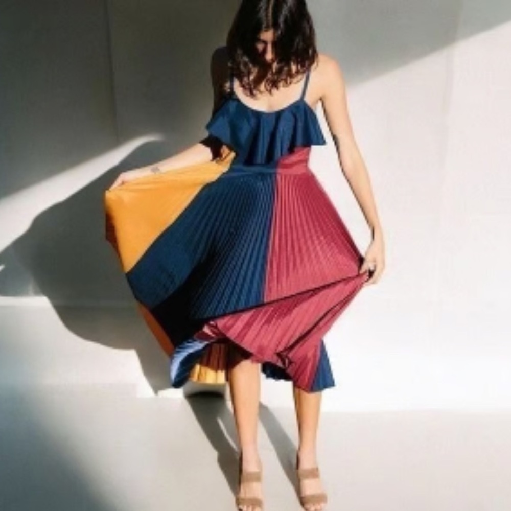 Staud Midi Dress Pleated Color Block Navy Maroon Marigold Melissa Benoist